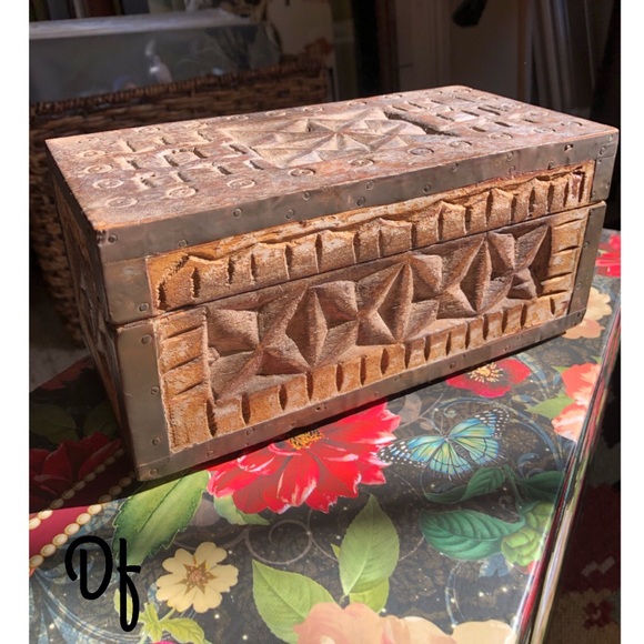 Other - Vintage Hand Carved Wooden Box with Metal Wrap S